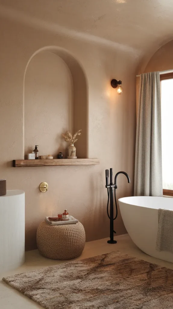 A serene, minimalist bathroom with warm beige tones, a freestanding bathtub, and soft ambient lighting. Natural textures like a woven ottoman, plush rug, and wooden accents create a cozy, spa-like retreat that embodies the essence of hygge relaxation.