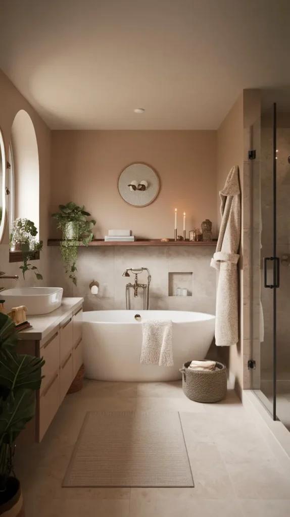 A beautifully designed hygge-inspired bathroom featuring a freestanding bathtub, soft candlelight, warm neutral tones, and lush greenery. Cozy textures like a plush bath mat, woven basket, and fluffy robe enhance the inviting and tranquil ambiance, perfect for relaxation.