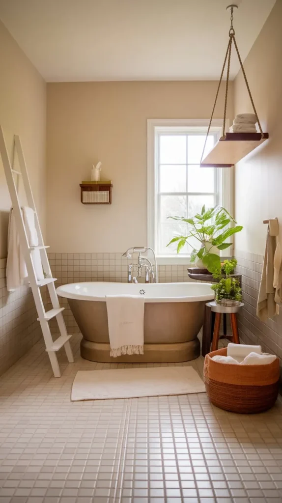 A serene and minimalist hygge-inspired bathroom featuring a freestanding bathtub, soft neutral tones, and natural elements like wood and greenery. Cozy accents, including a woven basket, ladder towel rack, and plush bath mat, create a warm and inviting space designed for relaxation and comfort.