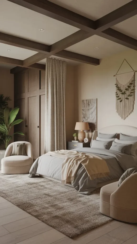 Tranquil bedroom with soft gray bedding, warm neutral decor, and natural elements. Features plush textures, cozy lighting, and a minimalist aesthetic for a relaxing atmosphere.