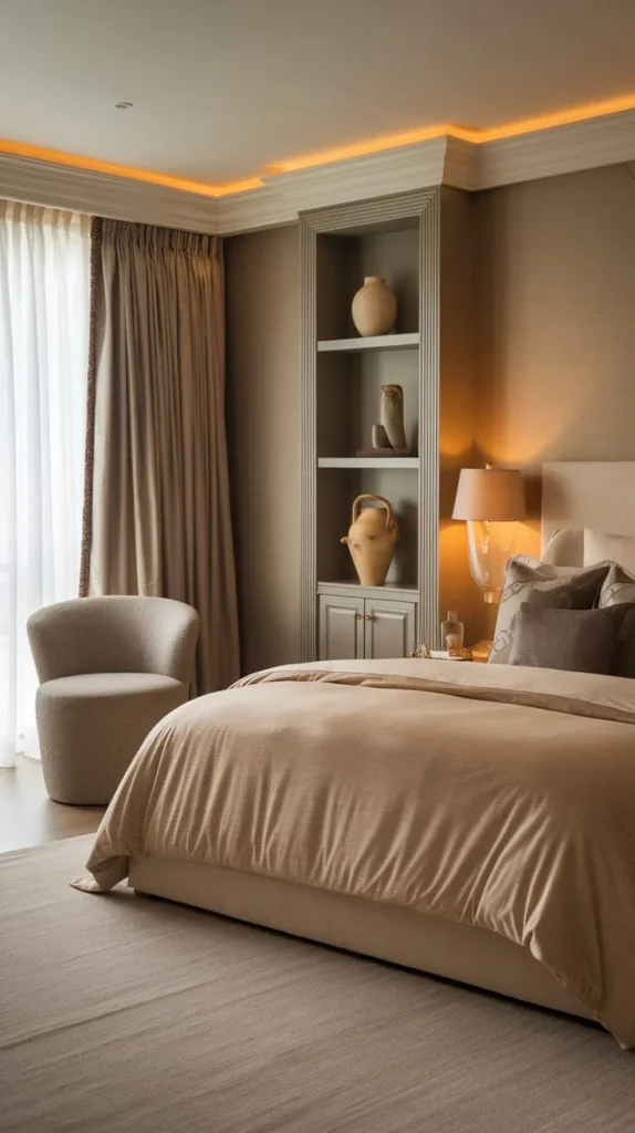 Elegant bedroom with soft beige bedding, warm ambient lighting, and minimalist decor. Neutral tones, plush textures, and natural elements create a cozy and inviting retreat.