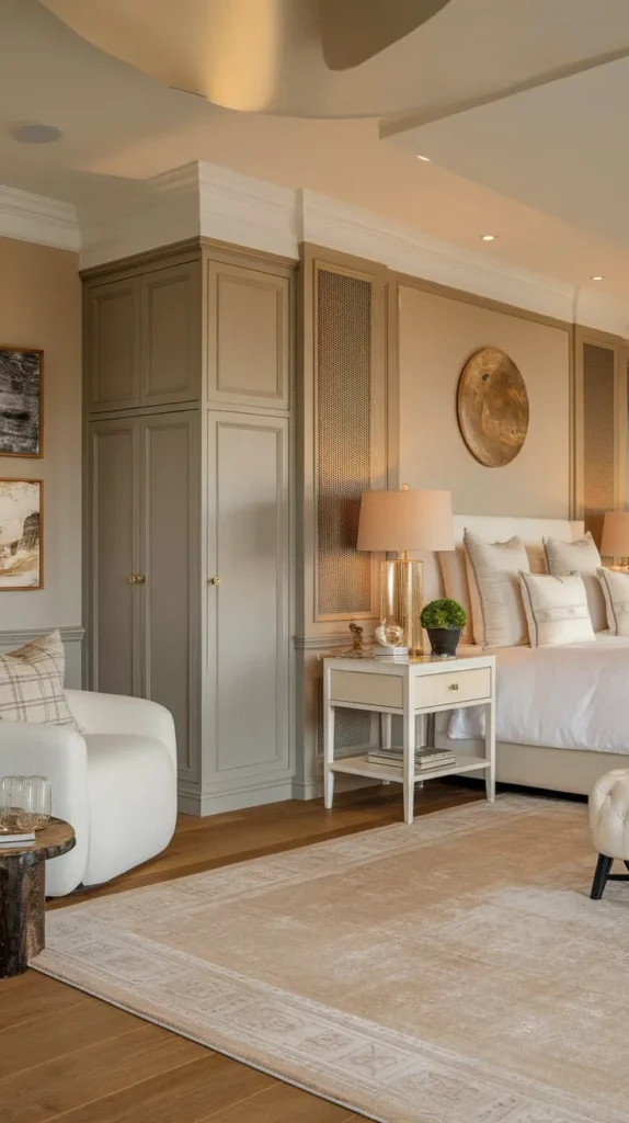 Elegant bedroom with warm neutral tones, plush white bedding, and sophisticated minimalist decor. Soft lighting, cozy textures, and earthy accents provide a serene and inviting atmosphere.