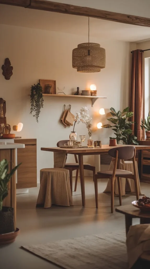 A beautifully styled Hygge Kitchen featuring a warm, inviting dining space with a wooden table, soft upholstered chairs, and earthy-toned decor. A woven pendant light casts a cozy glow, while floating shelves adorned with ceramics, plants, and soft lighting enhance the ambiance. Natural textures, warm wood tones, and an abundance of greenery create a serene and welcoming atmosphere, embodying the essence of hygge living.