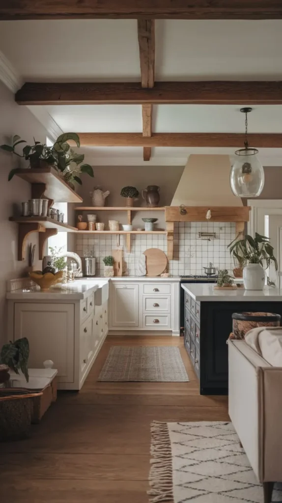 A beautifully designed Hygge Kitchen featuring a blend of rustic charm and modern elegance. Exposed wooden beams, open shelving with ceramic dishware, and a farmhouse sink create a warm, inviting atmosphere. Soft natural light highlights the neutral tones, while potted plants and woven textures add a cozy touch. The combination of white cabinetry, a dark kitchen island, and wooden accents embodies the essence of hygge living—functional, stylish, and comforting.