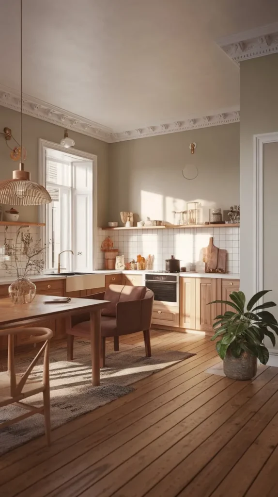A bright and airy Hygge Kitchen featuring natural wood cabinetry, open shelving with minimalist decor, and a farmhouse sink beneath a large sunlit window. A warm wooden dining table with cozy chairs sits atop a woven rug, while a woven pendant light and soft earthy tones enhance the inviting atmosphere. Lush greenery and soft natural light complete the serene, Scandinavian-inspired space, embodying the essence of hygge living.