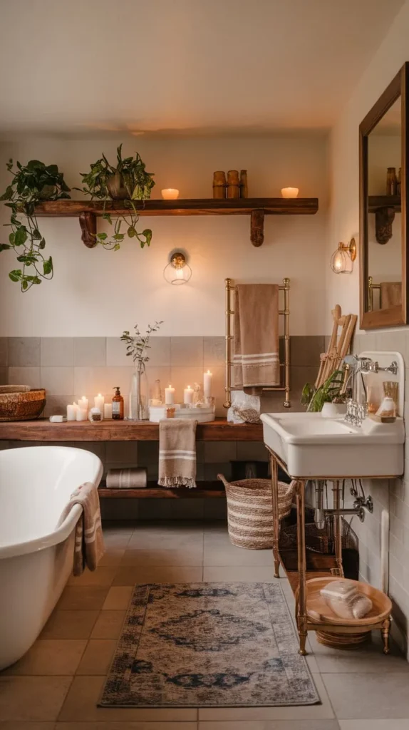 A cozy and rustic bathroom with a freestanding white bathtub, a vintage-inspired sink, and wooden open shelving adorned with candles, plants, and woven baskets. Warm lighting from wall sconces and candlelight creates a relaxing ambiance. A brass towel rack and earthy-toned textiles enhance the hygge-inspired aesthetic, while a patterned rug adds a touch of charm to the tiled floor.