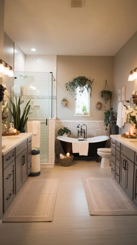 A beautifully designed bathroom featuring a black freestanding clawfoot tub beneath a small window, surrounded by lush greenery and candles for a spa-like ambiance. A glass-enclosed shower with white subway tiles adds a modern touch, while dual gray vanities provide ample storage and counter space. Soft beige bath mats and warm lighting enhance the cozy yet elegant atmosphere, blending natural elements with contemporary design.